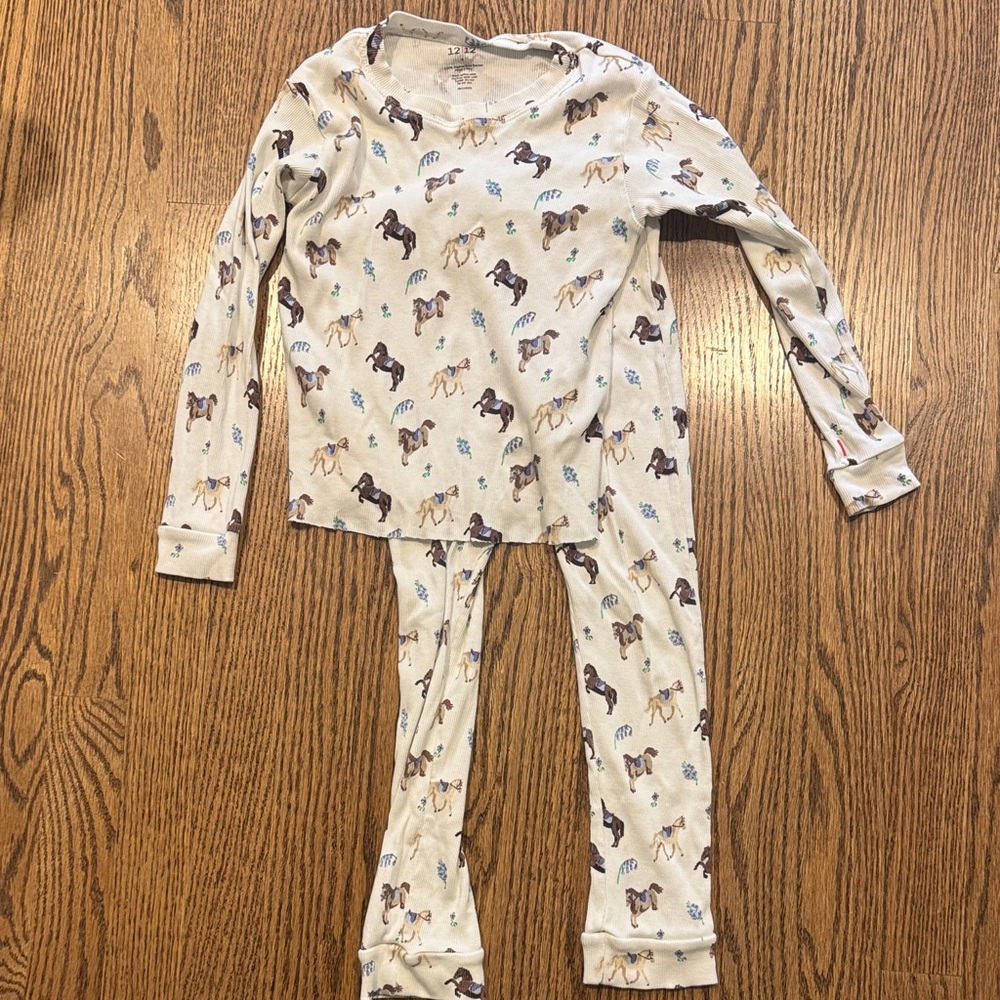 1212 waffle knit Kids Horse Print Pajama Set - Cream